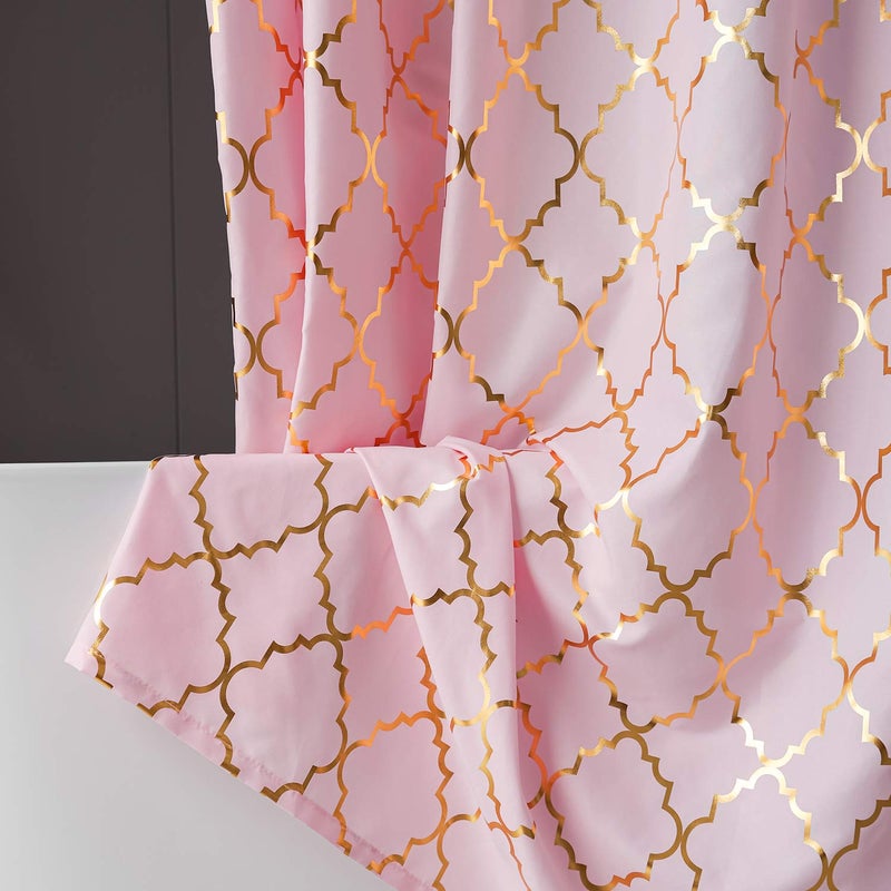 FINECITY Geometric Shower Curtain Set - Metallic Gold Foil Moroccan Lattice Pattern Printed on Soft Fabric Grommet Top Shower Curtain with 12 Hooks, 72 x 72 Inch, Pink and Gold - Image 5
